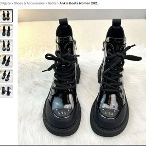 Ankle Boots Glossy Black Lace Up Side Zipper Womens Round Toe